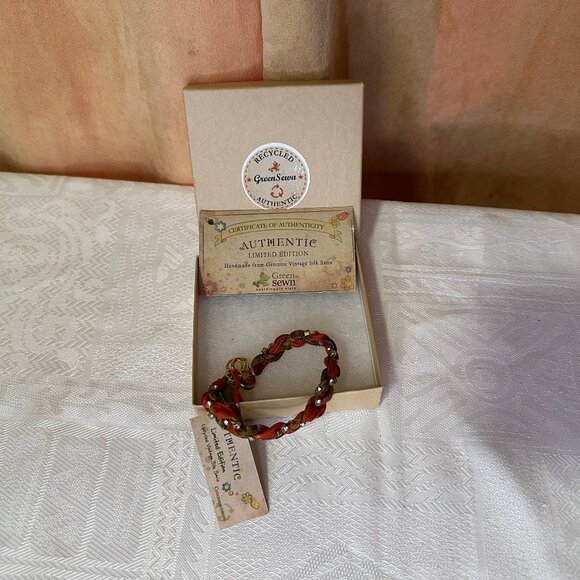 Green Sewn Recycled Vintage Sari Fabric Bracelet in Red, Gold & Green - Picture 3 of 7